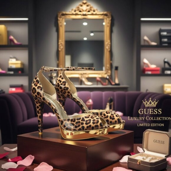 New Guess Danella Gold Mirror Heel Leopard Peep Toe Platform Heels Pumps 9 - Picture 2 of 6